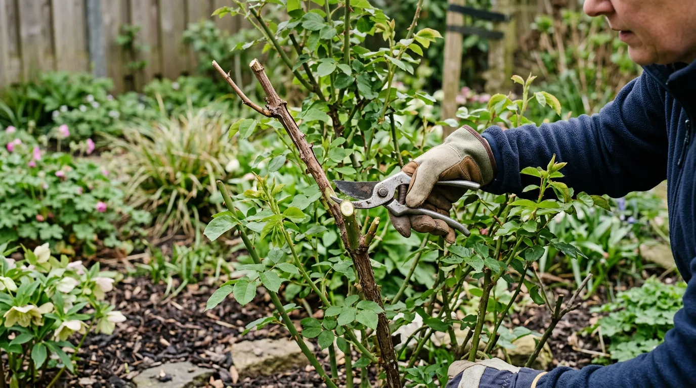 Tuinier snijdt met snoeischaar een dode tak van een struikroos af, net boven een gezonde knop. Voorjaarssnoeiwerkzaamheden