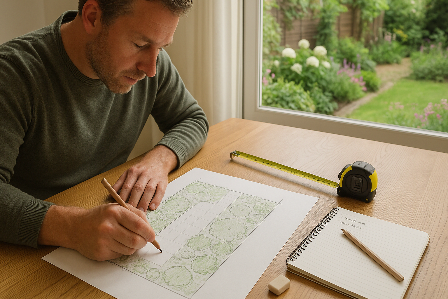 Tuinontwerper schetst beplantingsplan aan keukentafel met rolmaat, potlood en notitieblok; Nederlandse tuin zichtbaar door