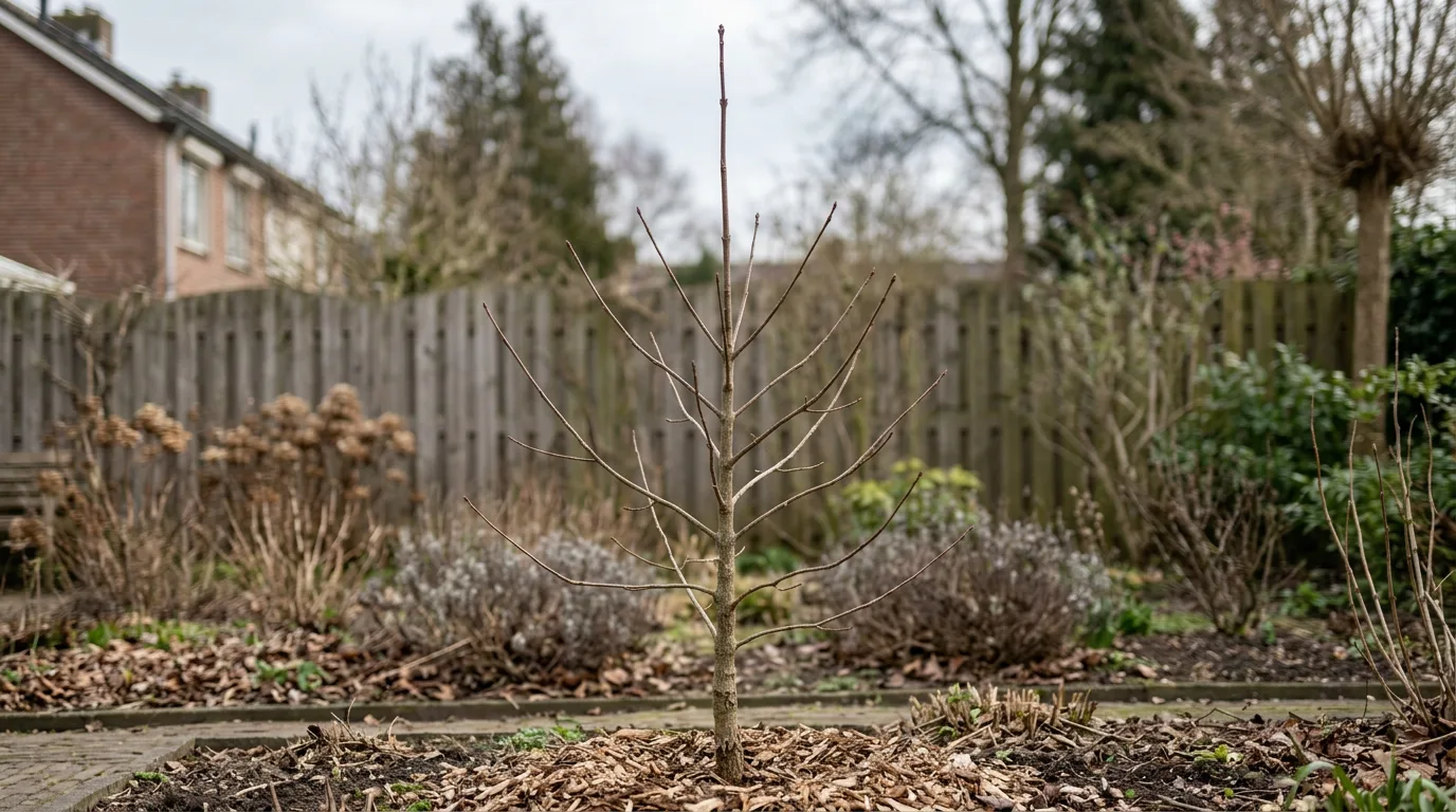 Jonge loofboom met rechte centrale stam en evenwichtig verdeelde zijtakken in Nederlandse tuinscène, kale takstructuur