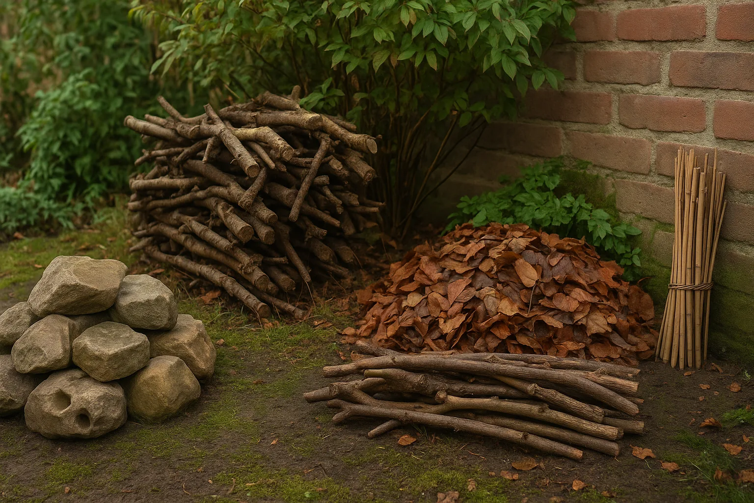 Hoek van een natuurlijke tuin met diverse schuilplaatsen: steenhoopje, takkenril, bladhoop onder struik en holle stengels