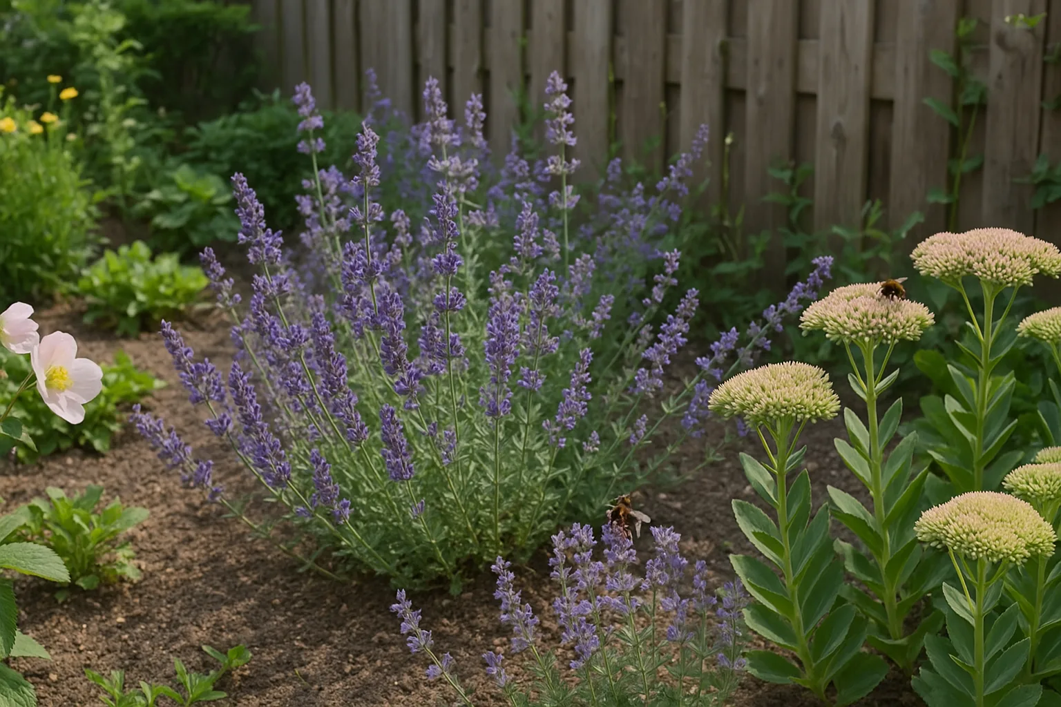 Nederlandse achtertuin met bloeiende lavendel, kattenkruid en sedum waar twee bijen actief nectar verzamelen op de paarse en