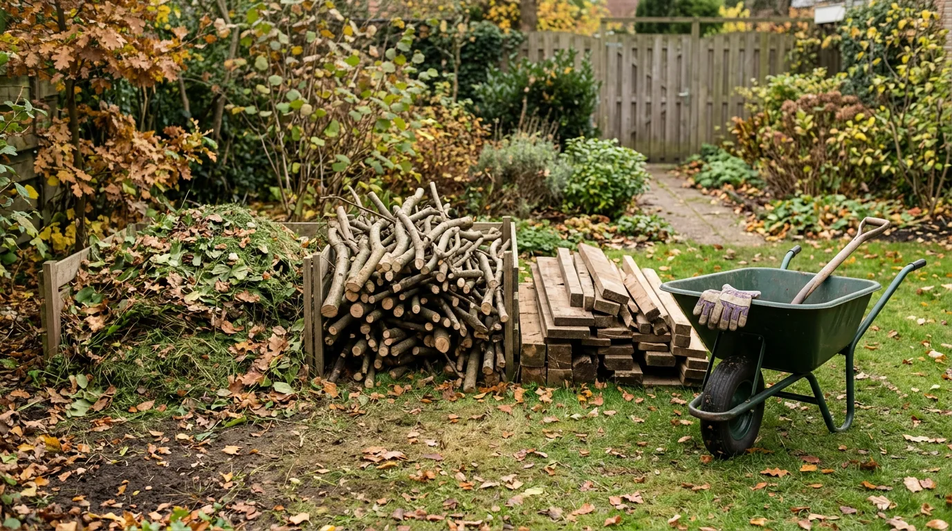 Achtertuin met gesorteerde tuinafvalberg: composthoop met groenafval, stapel dikke takken, herbruikbaar hout en kruiwagen
