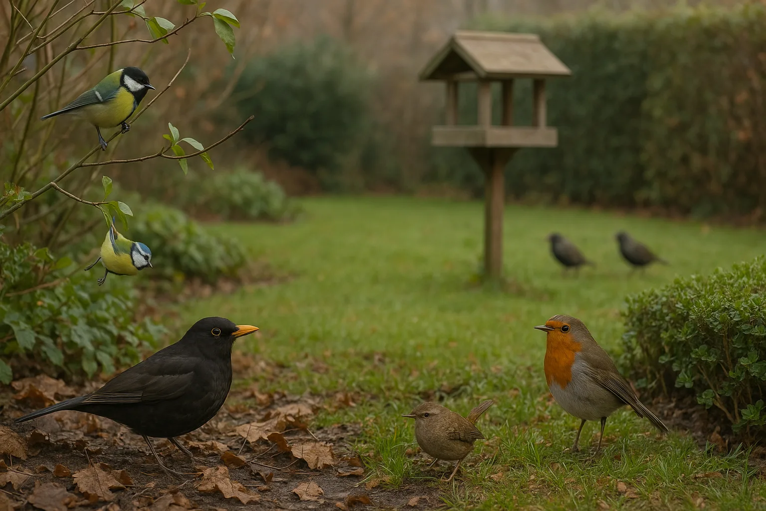 Zeven Nederlandse tuinvogels in een herfstuin: merel op de grond, koolmees en pimpelmees in struiken, roodborst,