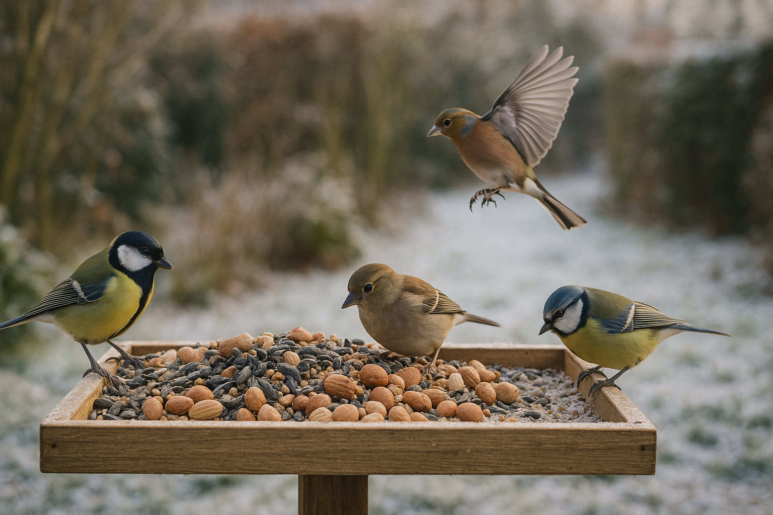 Voerbak met zonnebloem- en nigerzaad op een winterse ochtend in een Nederlandse achtertuin, met mezen en vinken die eten of