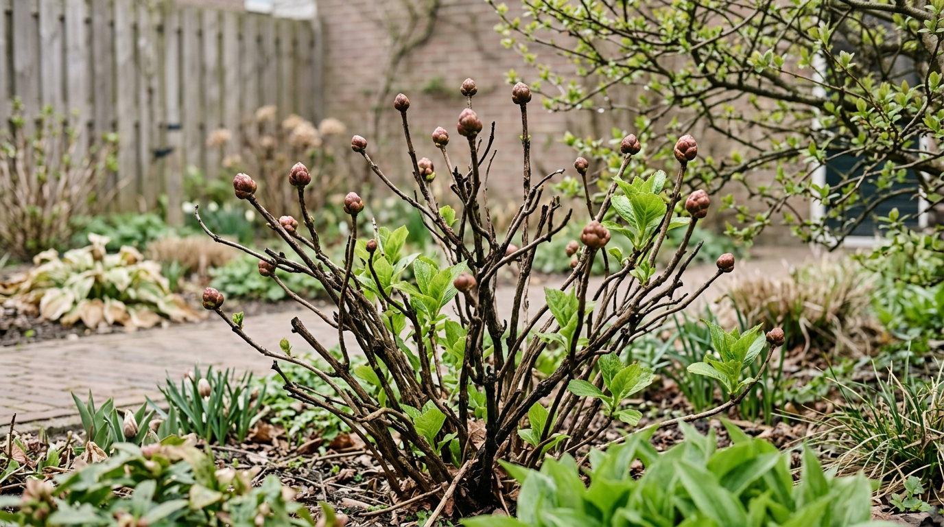 Hortensia met dikke, ronde bloemknoppen aan de takuiteinden in vroeg voorjaar, oude houtstructuur duidelijk zichtbaar