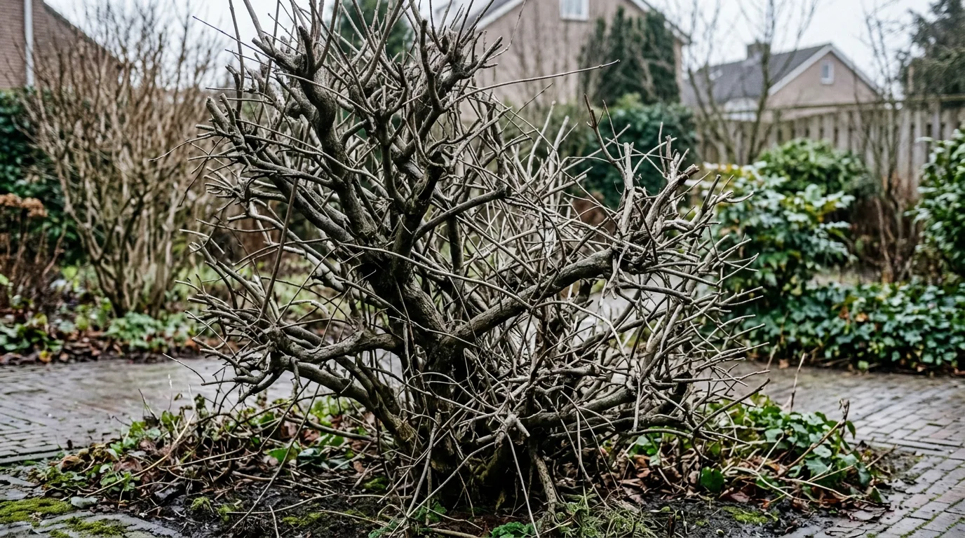 Verwaarloosde heester met dichte, verwarde takstructuur, dode en levend hout door elkaar, in winterse Nederlandse tuin