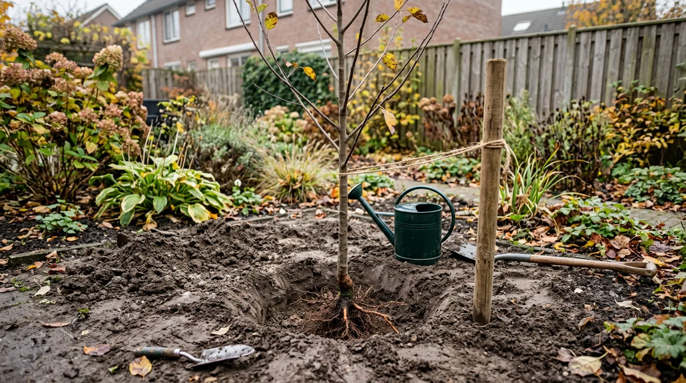 Vers geplante boom in voorbereide plantplek met losse grond eromheen, gietkan klaar voor watergeven in herfstachtige