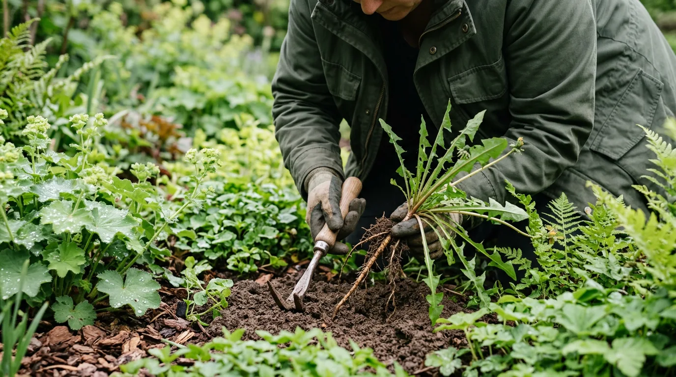 Tuinier steekt voorzichtig onkruid met wortel uit vochtige grond los met een tuinschoffel in een Nederlandse tuinborder.