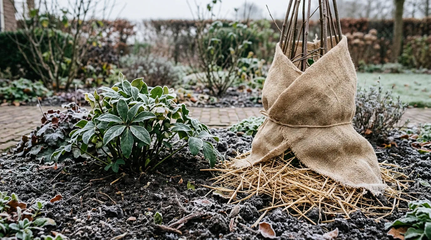 Voortuin in vroege winter met winterharde vaste plant zonder bescherming naast vorstgevoelige dahlia's gewikkeld in jute,