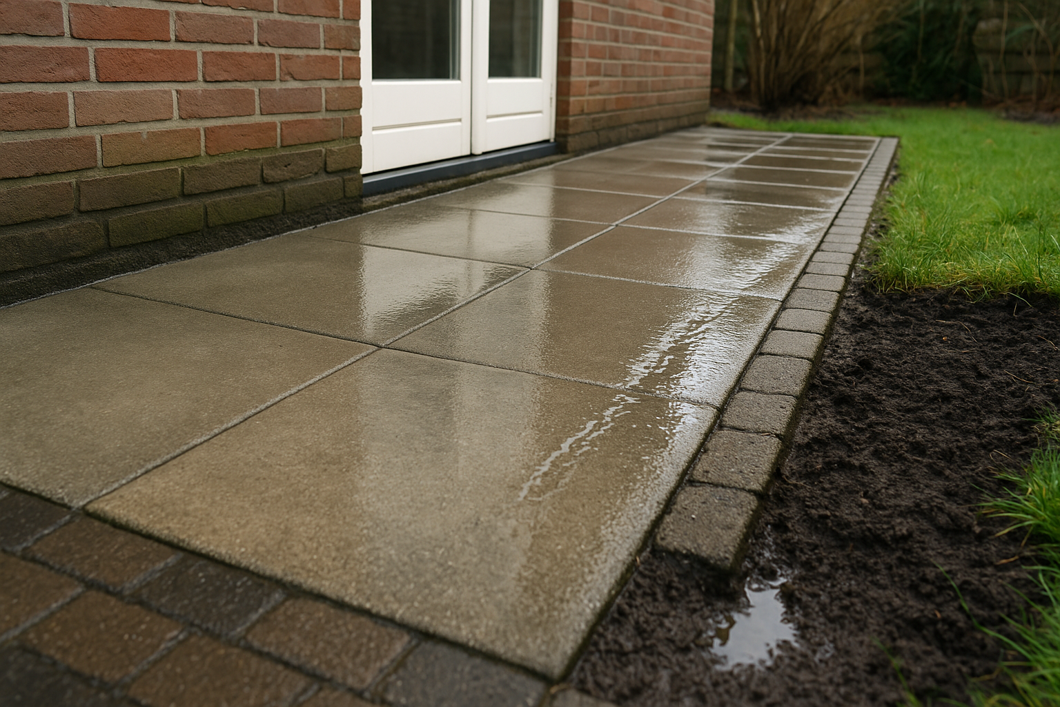 Nederlands terras tegen woonhuis met zichtbare helling en natte plekken die de afwateringsrichting tonen, kort na regen