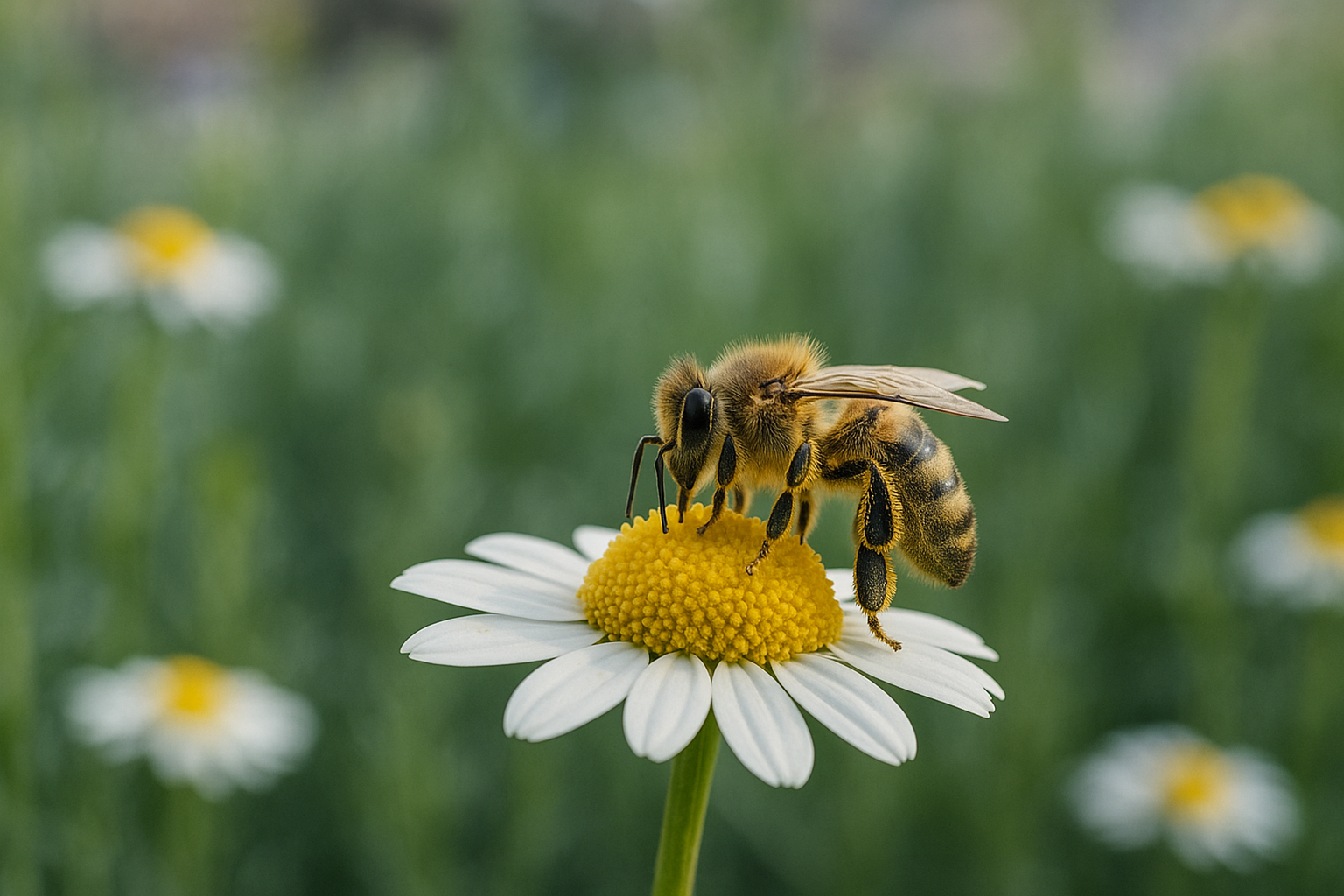 Wilde bij met stuifmeel op lichaam zit op gele bloem in Nederlandse tuin met groene achtergrond