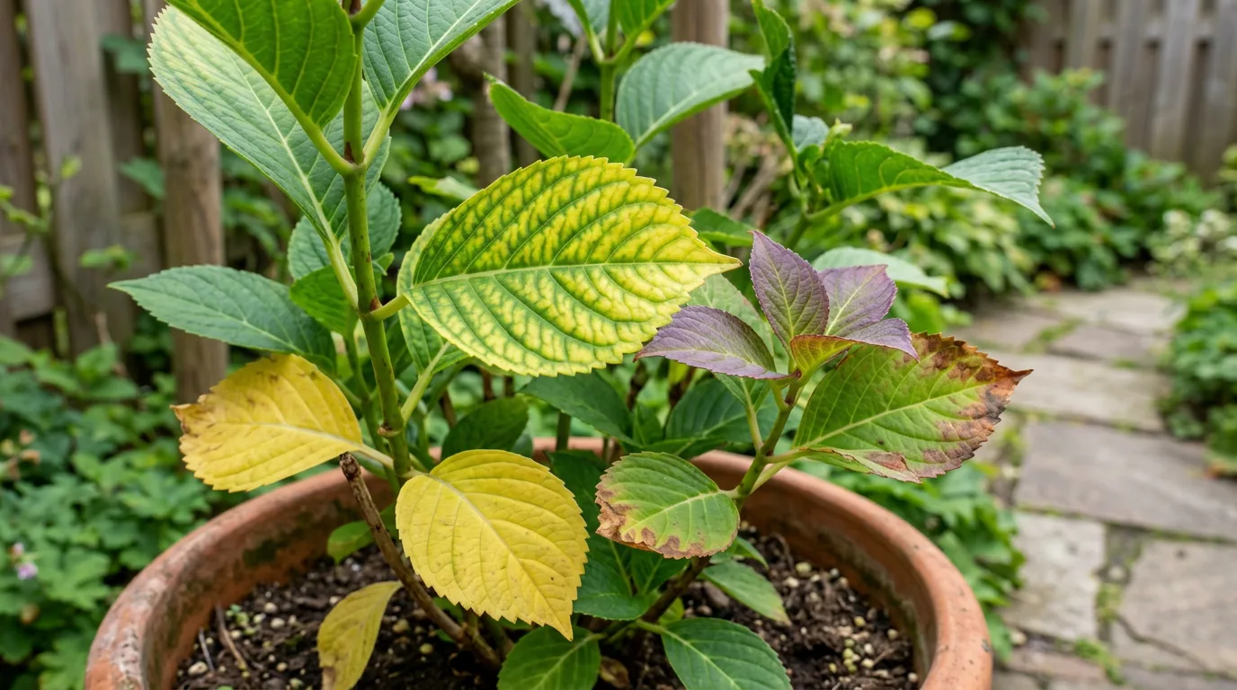 Plantenbladeren met voedingstekortverschijnselen: geel blad met groene nerven, paarsrode bladranden en bruine verbrande