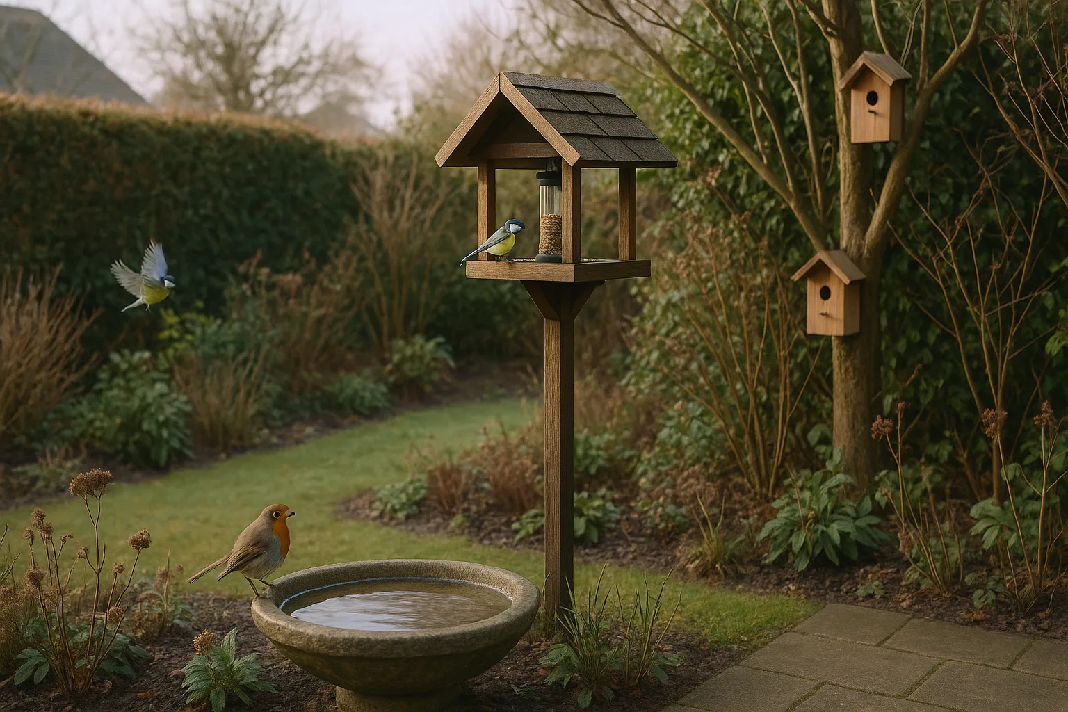 Nederlandse achtertuin in winter met voederhuisje, vogelbad en nestkasten in de beplanting, enkele vogels zichtbaar