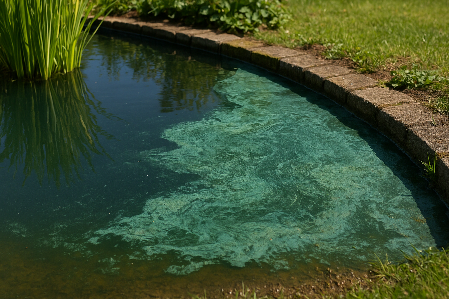 Oppervlak van een Nederlandse tuinvijver met een blauwgroene slijmerige algenbloei die drijft op het water, met contrast
