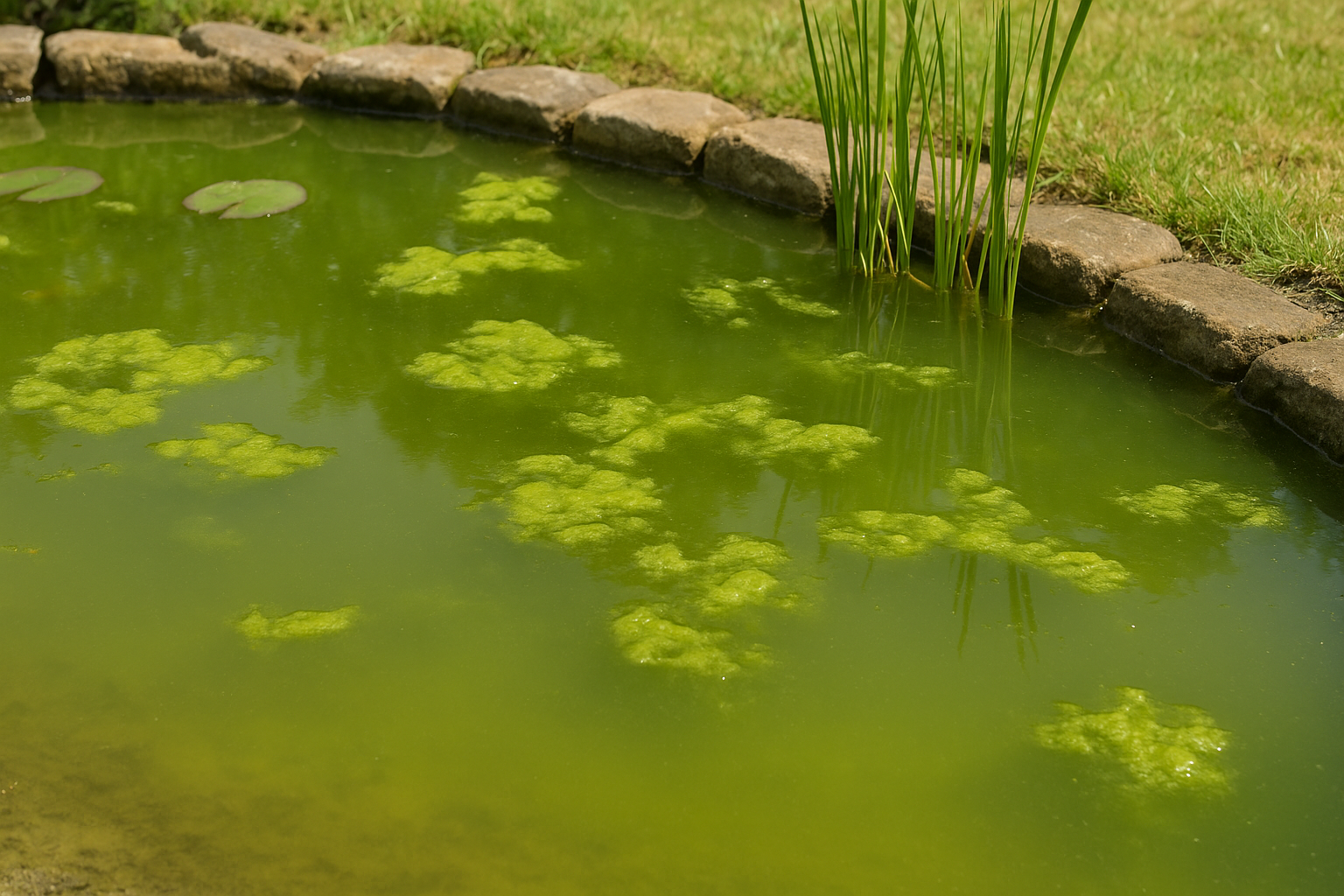 Groene, troebele vijver met drijvende algenplukken en waterplanten, gezien vanaf de vijverrand in daglicht