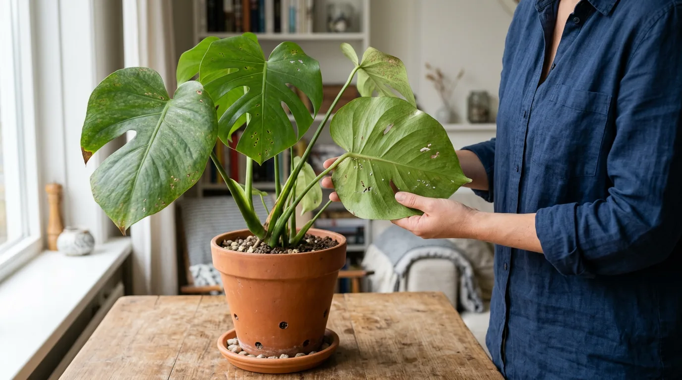 Hand draait voorzichtig een blad van een potplant om om de onderkant te controleren op ziekten en plagen, met zichtbare