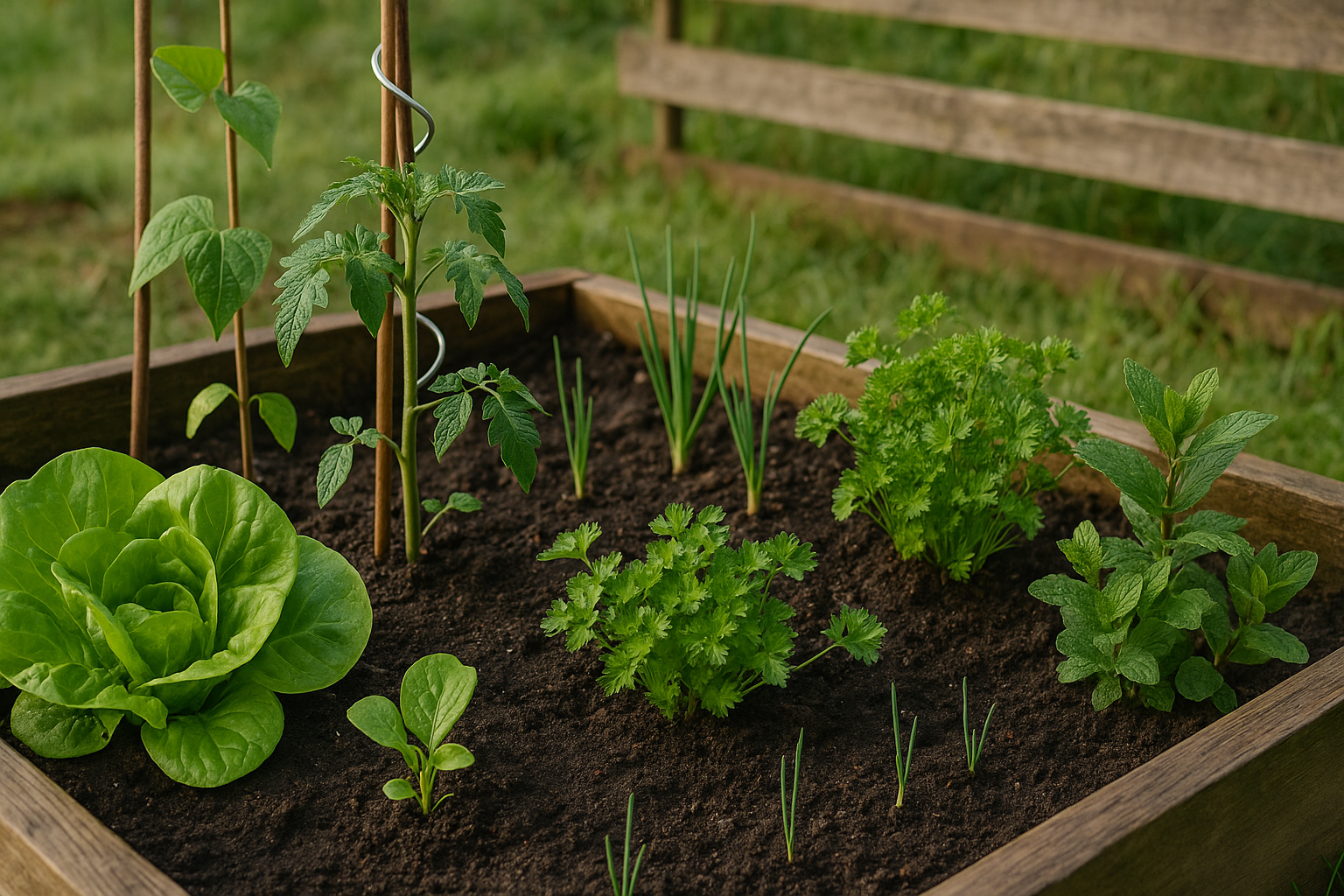 Moestuinbed met jonge groenten en kruiden: sla, tomatenplantje met steun, boonplant, peterselie, munt en ui-plantjes in