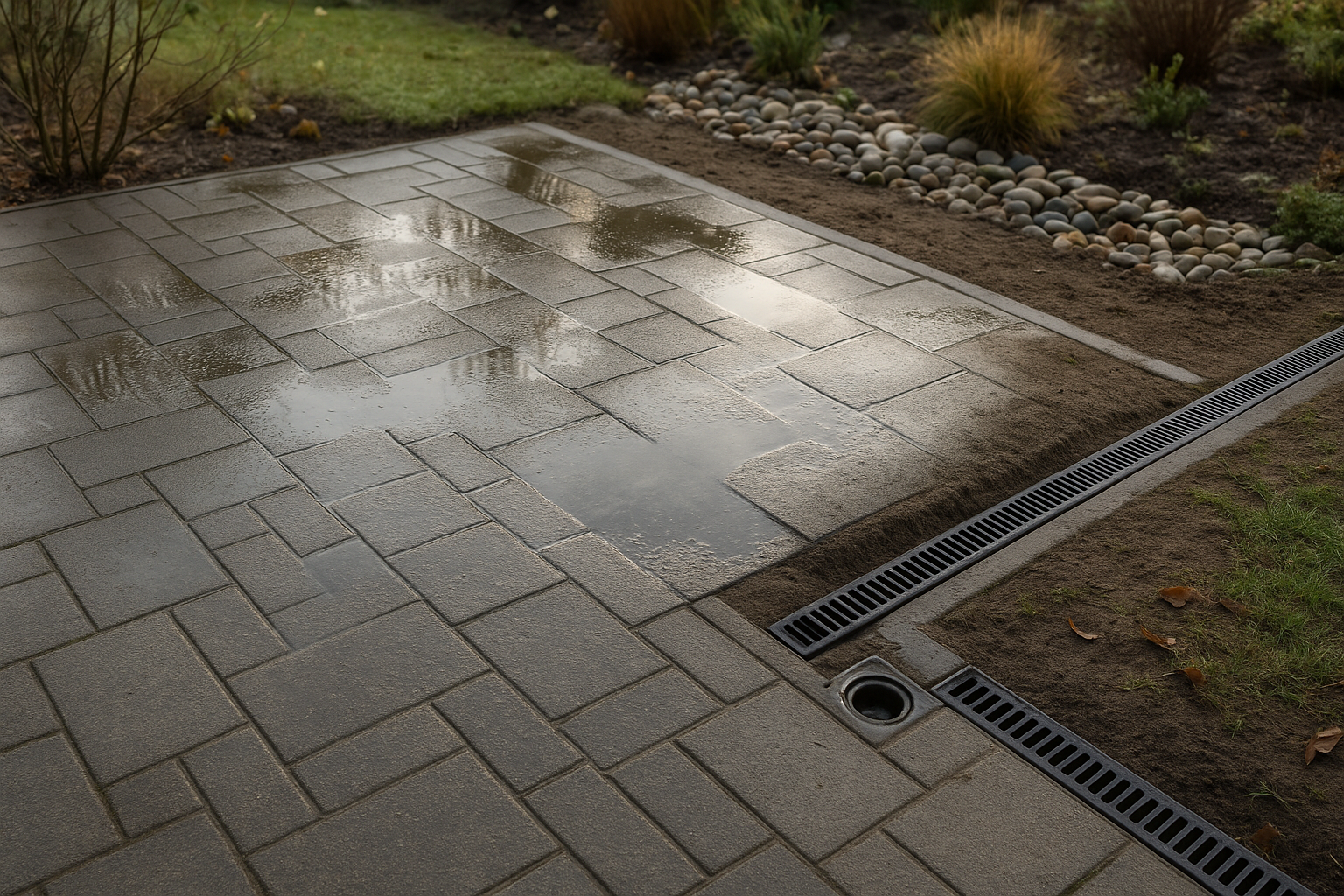 Nederlands terras met zichtbare waterplassen op natte bestrating na regenval, omgeven door grond en grind