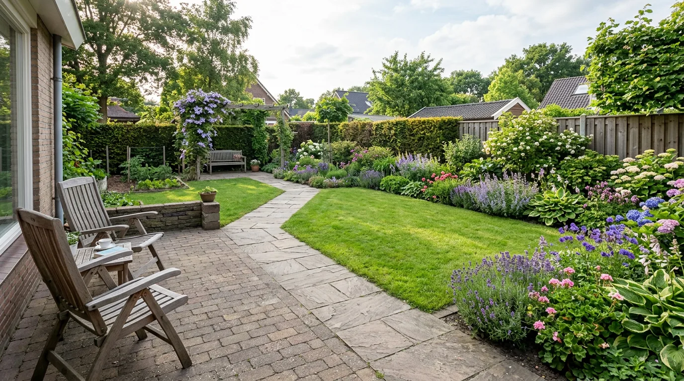 Nederlandse achtertuin met terras, tuinstoelen, groen gazon, border met vaste planten en verharde looproute tussen de zones