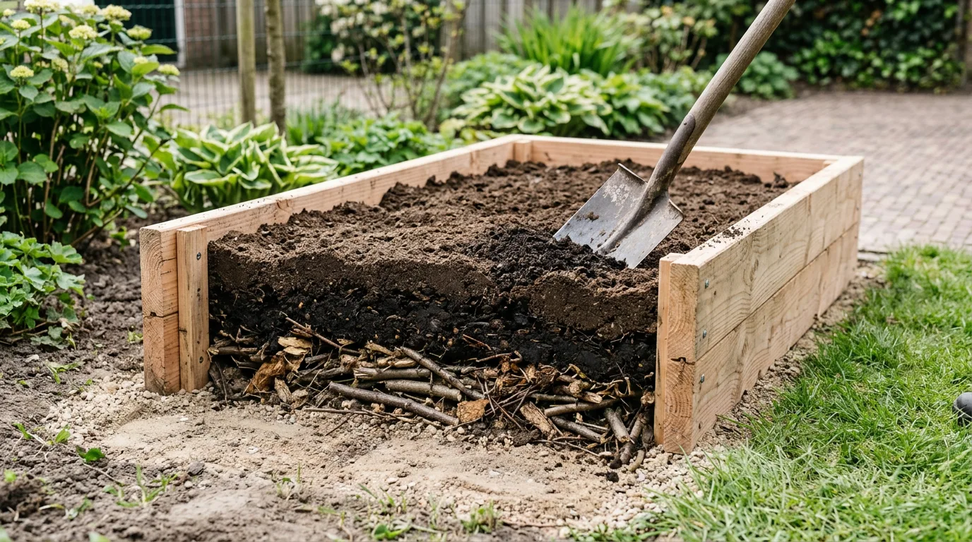 Houten verhoogde border in aanbouw met zichtbare gelaagde bodemopbouw: grof materiaal onderaan, compost in het midden en