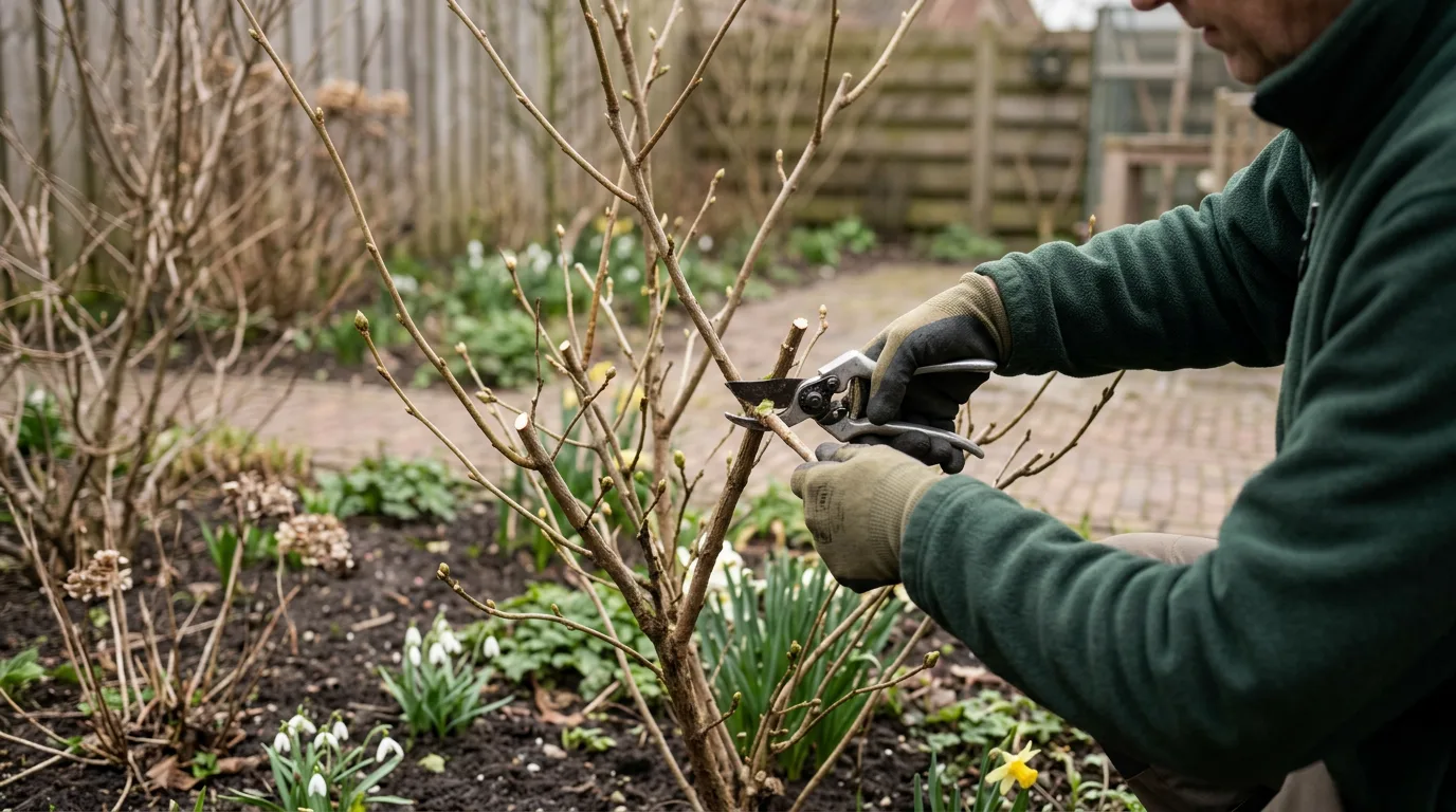 Iemand snijdt voorzichtig een tak van een loofstruik met een tuinschaar, vlak boven een knop, in een Nederlandse tuin op een