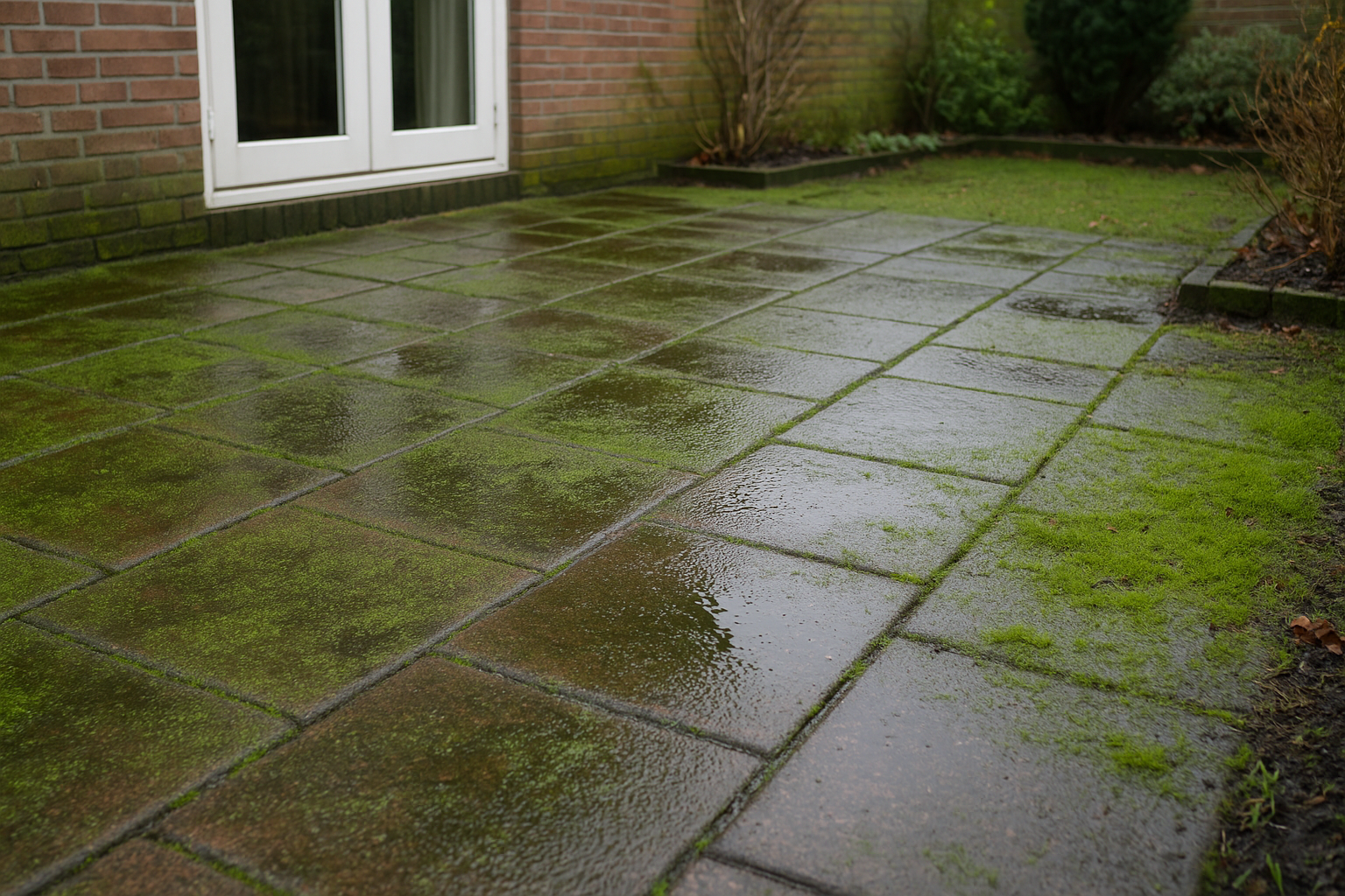 Natte terrastegels met groene algenfilm en mospolletjes, waterplassen zichtbaar in de voegen op een regenachtige ochtend