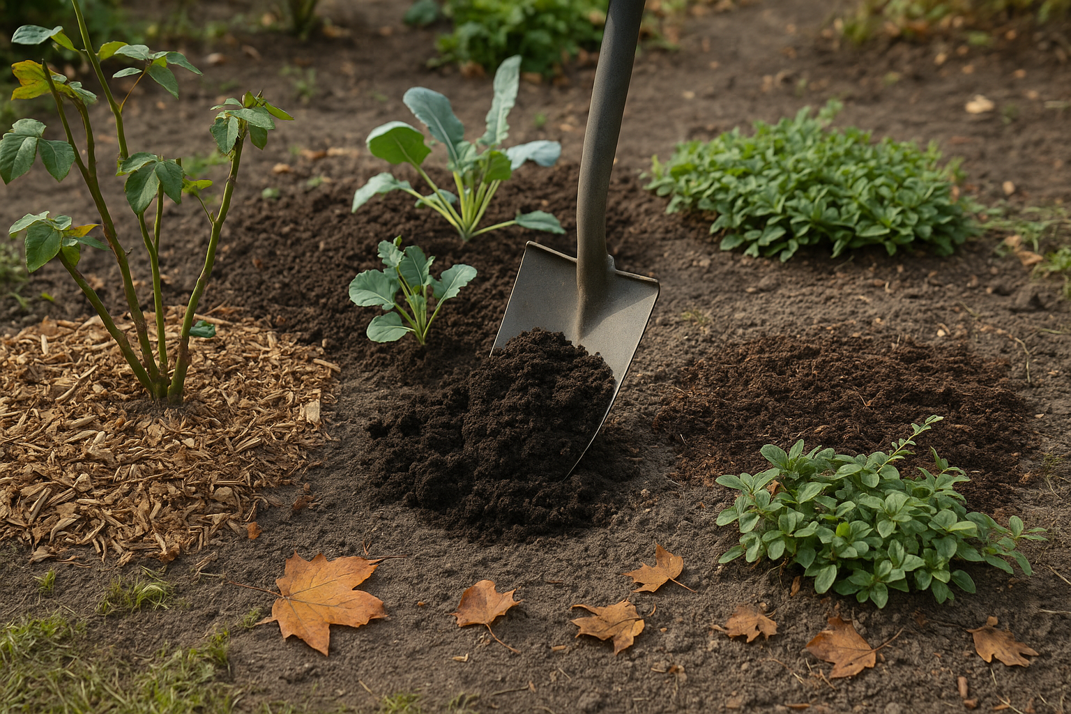 Nederlandse tuinborder met drie zones: mulch rond een roos, compost wordt met schop ingewerkt bij groenteplanten, en