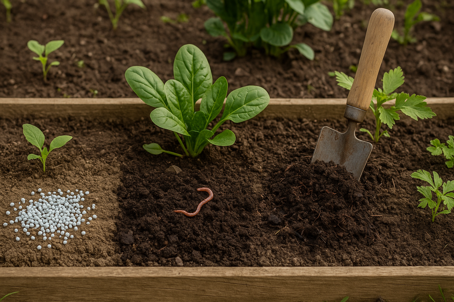 Tuinbed met drie verschillende bemestingsmethoden: donkere compost, organische mest en kunstmest, met planten in