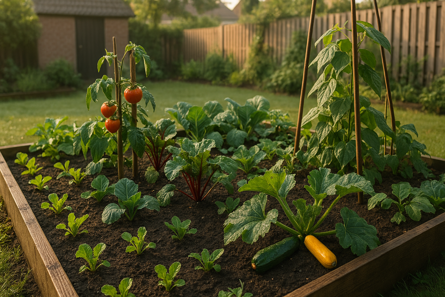 Rechthoekig moestuinbed vol groenten in verschillende groeistadia, met zichtbare oogstrijpe tomaten en courgettes,