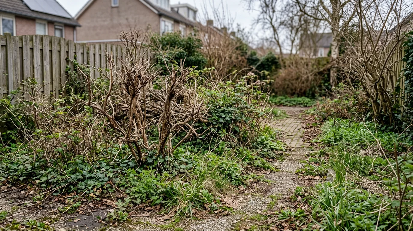 Verwaarloosde Nederlandse achtertuin met dode takken, onkruid en verwilderde beplanting in vroeg voorjaar