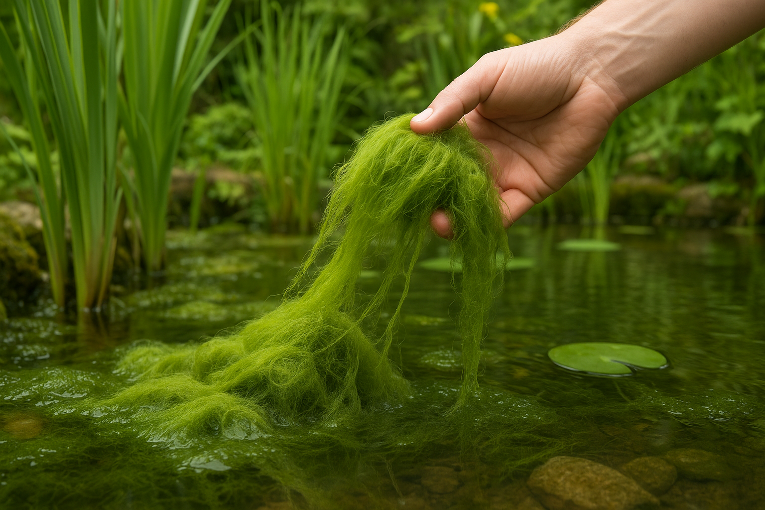Close-up van groene draadalgen in een Nederlandse tuinvijver, zichtbare draderige algenmassa's tussen waterplanten en over