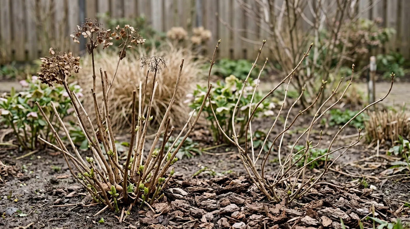 Boerenhortensia en pluimhortensia naast elkaar in een Nederlandse tuinborder, met duidelijk zichtbare verschillen in