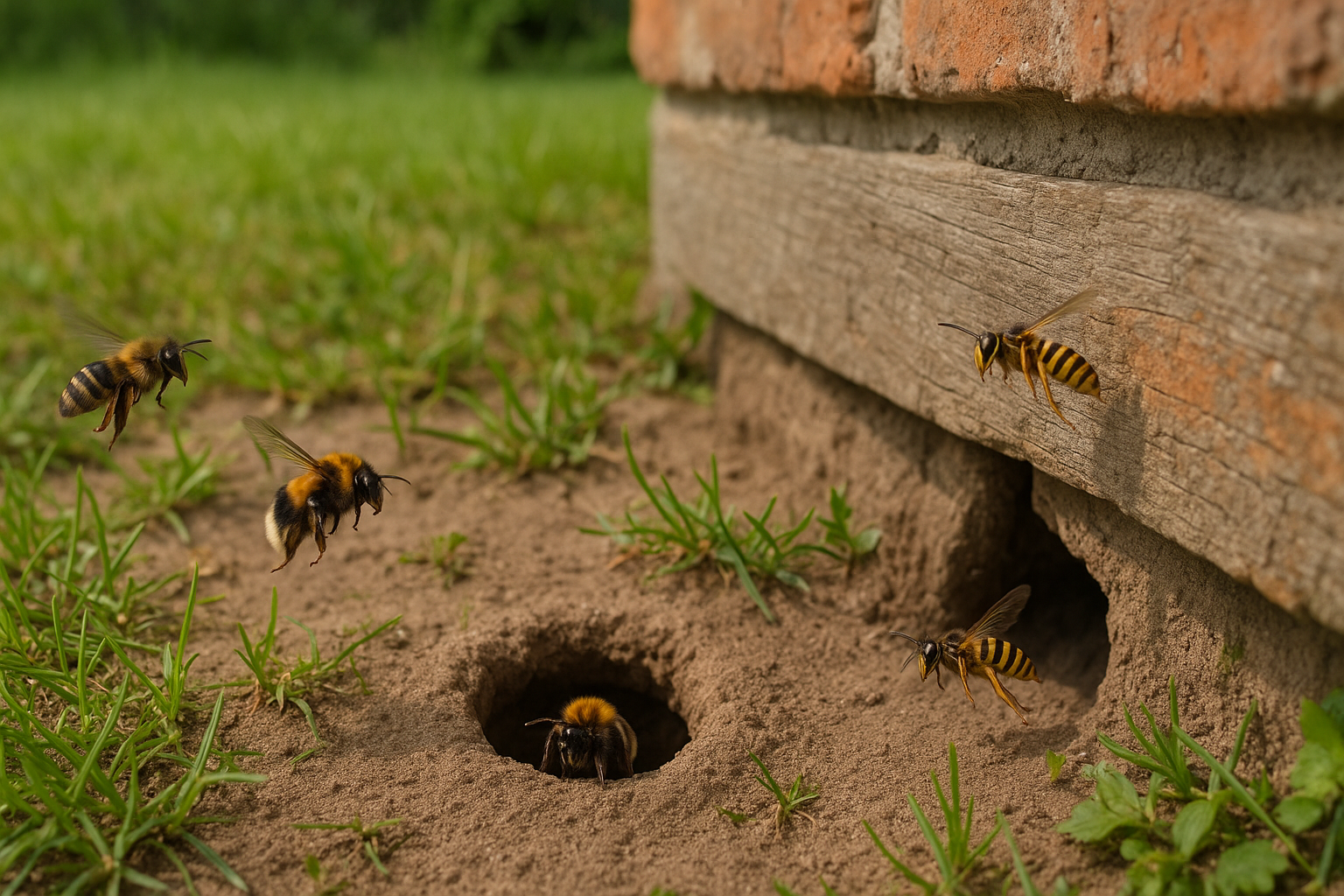 Bijennestkastje met insecten in aan- en afvlucht tegen een achtergrond van groen gras en tuingrond op een zomerdag