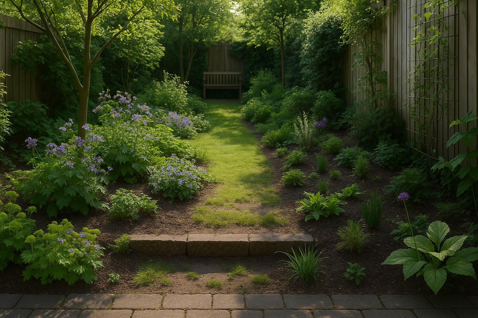 Nederlandse achtertuin met gelaagde beplanting in lente, zicht vanaf terras met duidelijke diepte door hoogteverschillen en