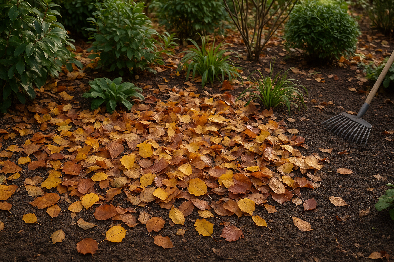 Gevallen herfstbladeren in geel, bruin en rood liggen op de grond tussen groene vaste planten in een border