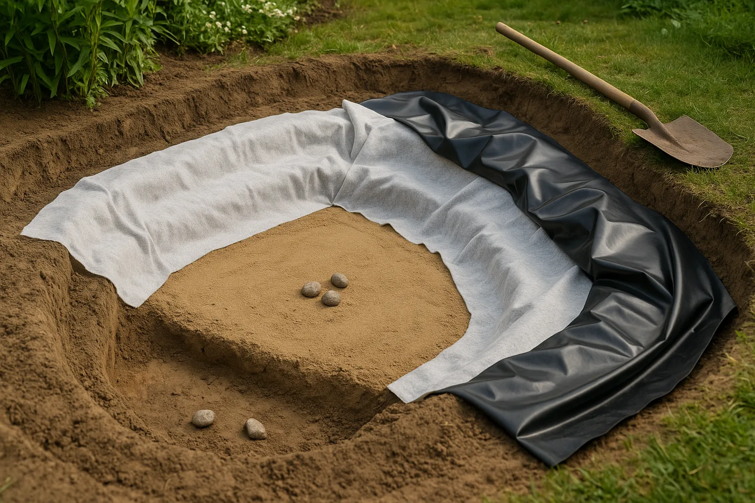 Uitgegraven vijverkuil met zichtbare lagen: bodemvoorbereiding, zandlaag, geotextiel en aangebrachte folie, gereedschap aan