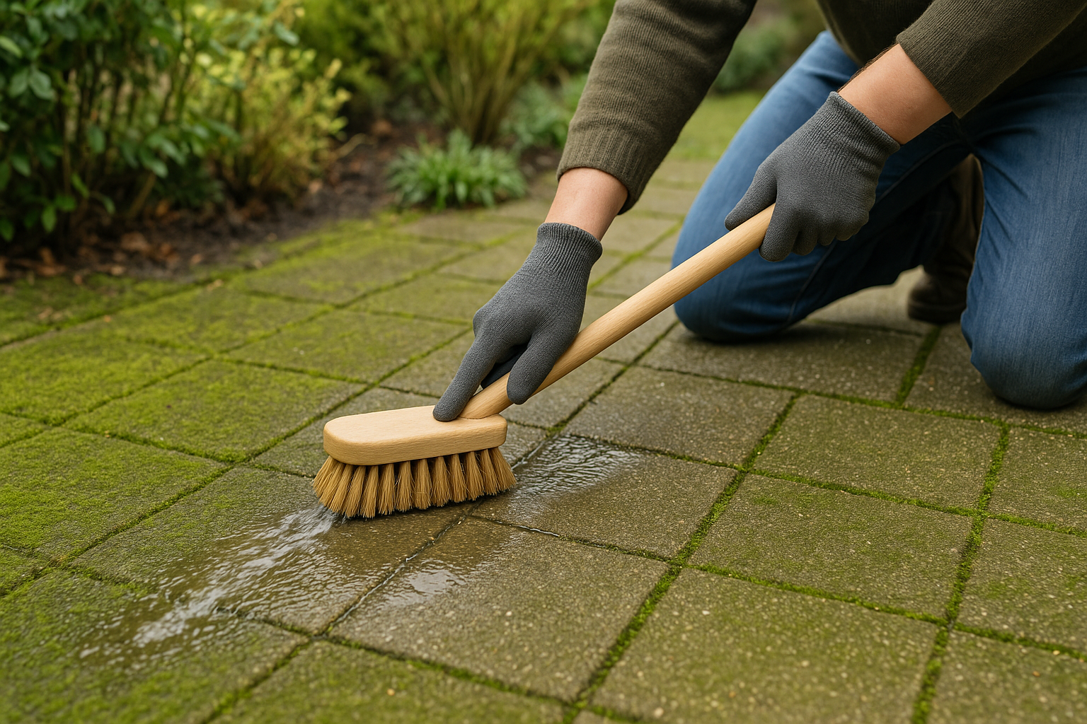 Persoon reinigt terrastegels met harde borstel en water, zichtbare algengroei en mos in voegen op Nederlands terras
