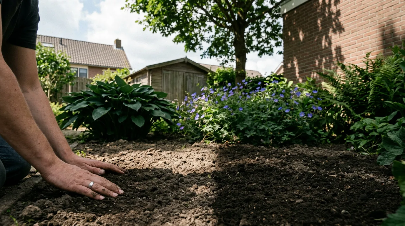 Tuinplanner onderzoekt lichtinval op plantplek in Nederlandse tuin met zicht op schaduwwerper en gemengde beplanting