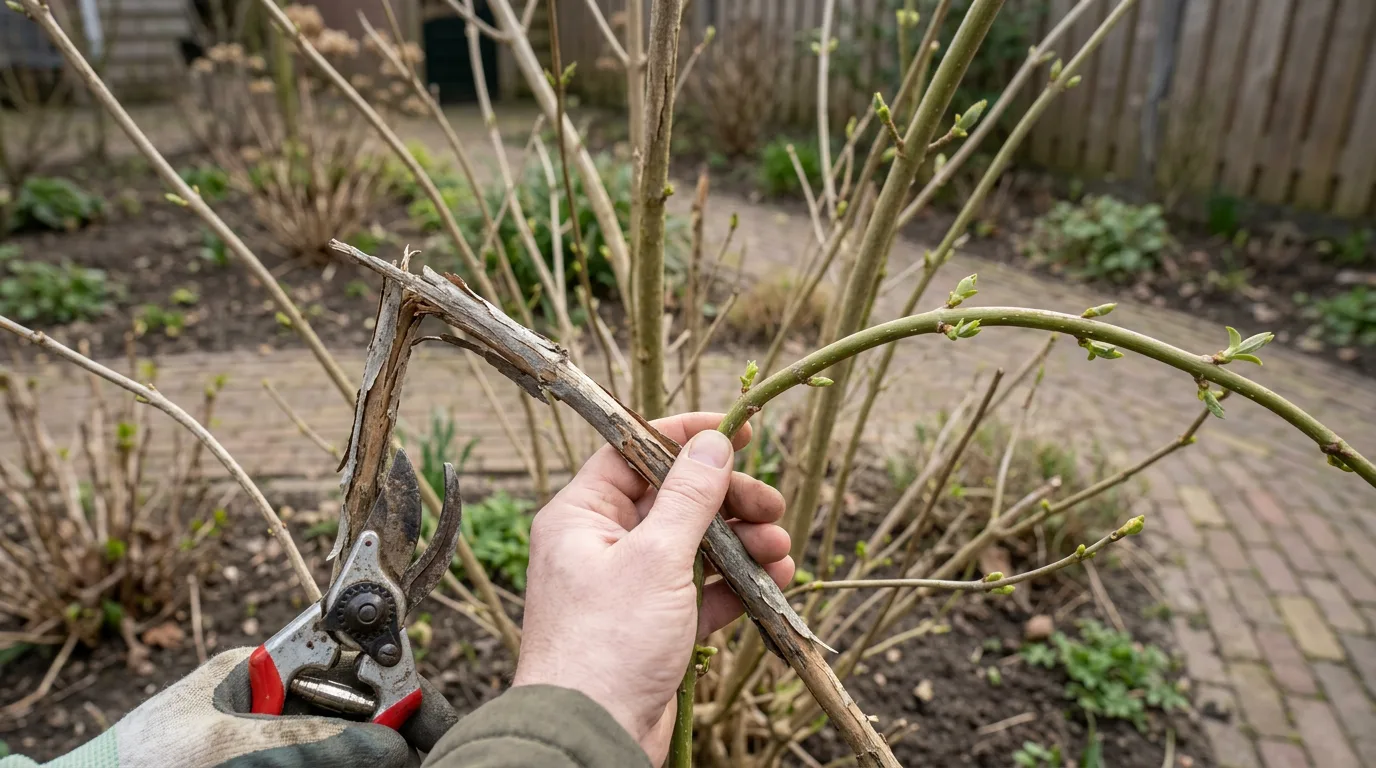 Voorkant van een struik met dode grijze takken zonder bladeren naast levende takken met groene scheuten, hand met
