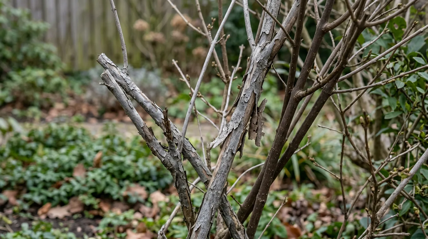 Haagstruik met mengeling van grijze dode takken en groen levend hout, dode takken herkenbaar aan afbladderende schors en