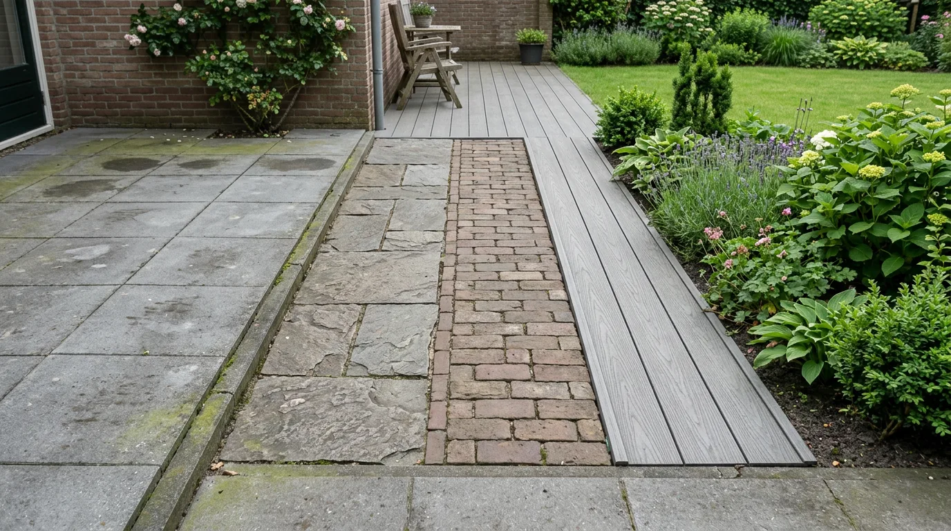 Nederlands tuinterras met verschillende bestratingsmaterialen: beton, natuursteen, klinkers en composiet naast elkaar, met
