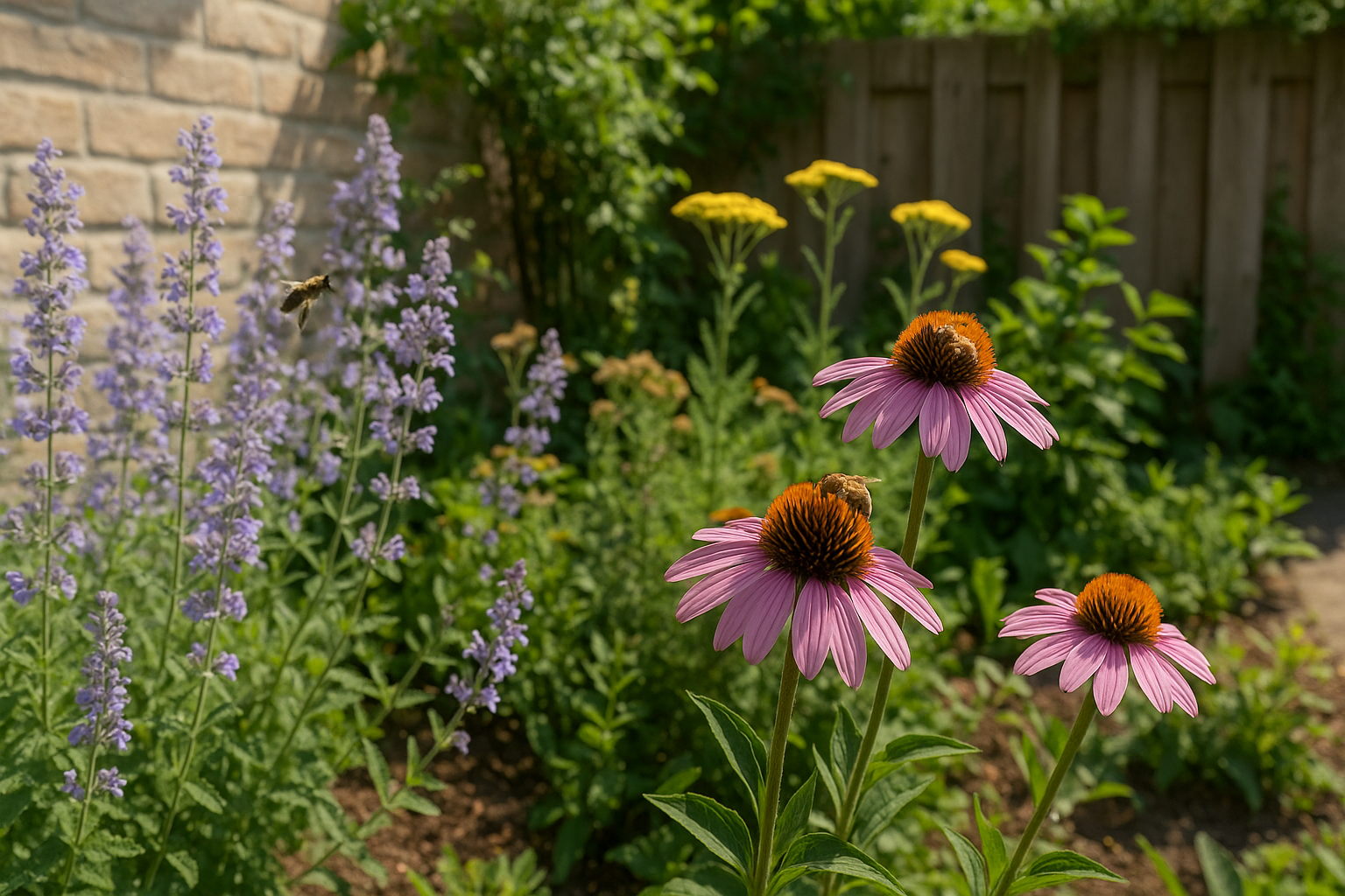 Lavendel en kattenkruid in bloei met twee honingbijen die nectar verzamelen in een zonnige Nederlandse tuin