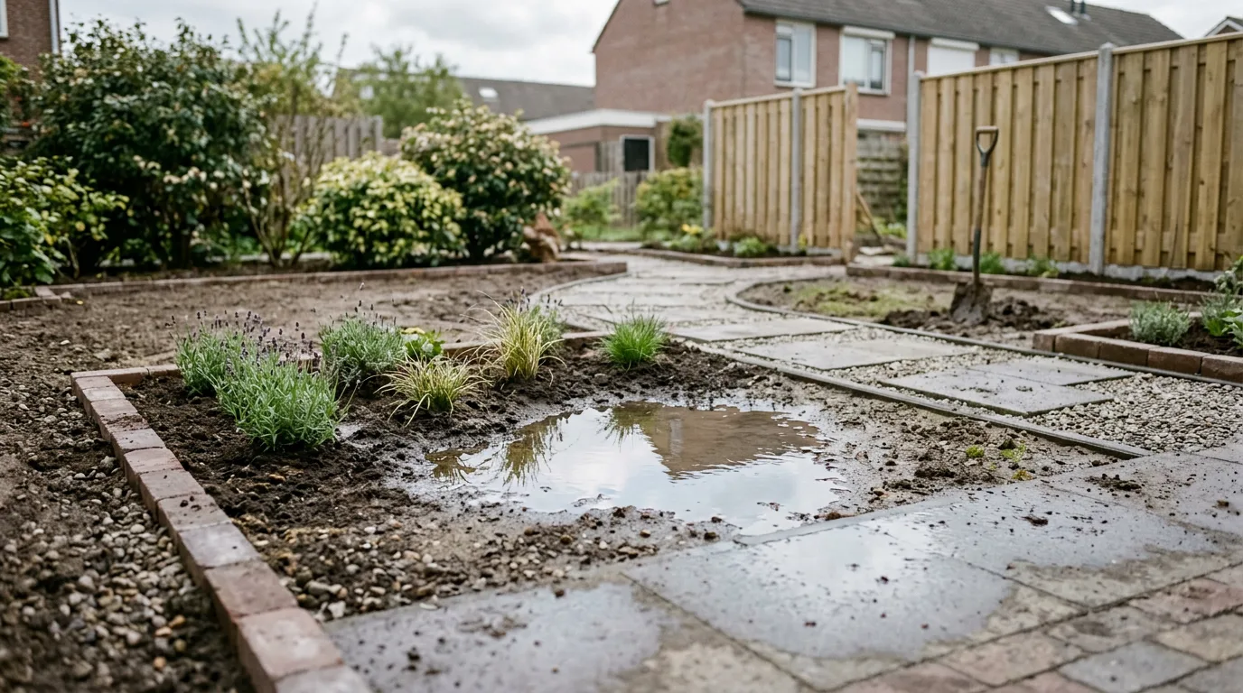 Plas regenwater op ongeëven terrein in een nieuw aangelegde tuin met drassige border ernaast