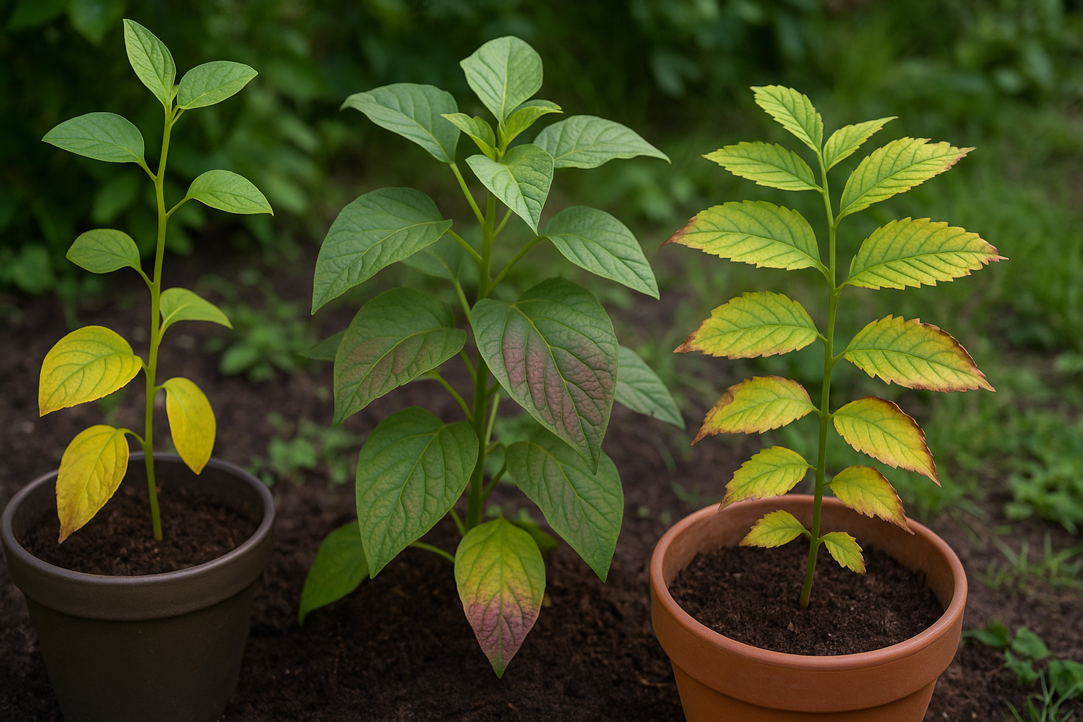 Groep potplanten met zichtbare voedingstekorten: gele bladeren, paarsrode vlekken en bruine bladranden op verschillende