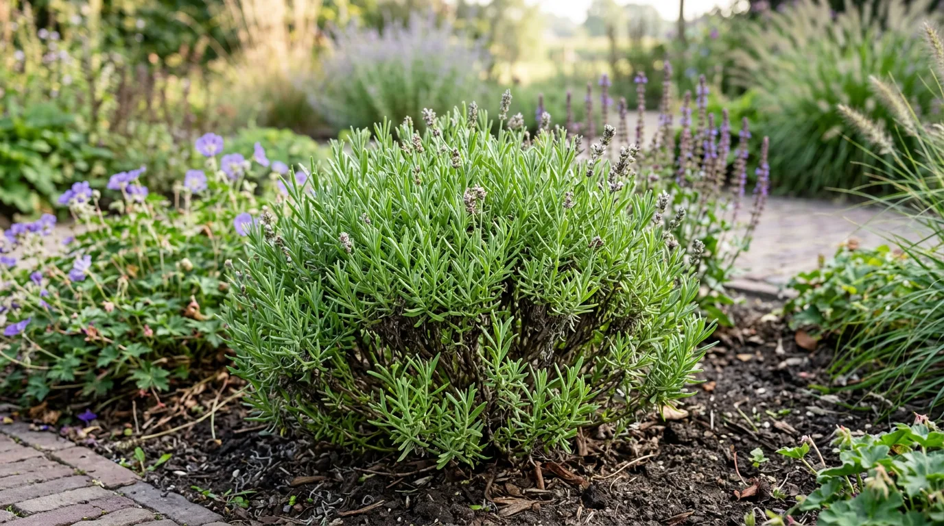 Lavendel plant met paarse bloemen en nieuwe groene scheuten na terugsnoei in Nederlandse border, compact en gezond groeiend