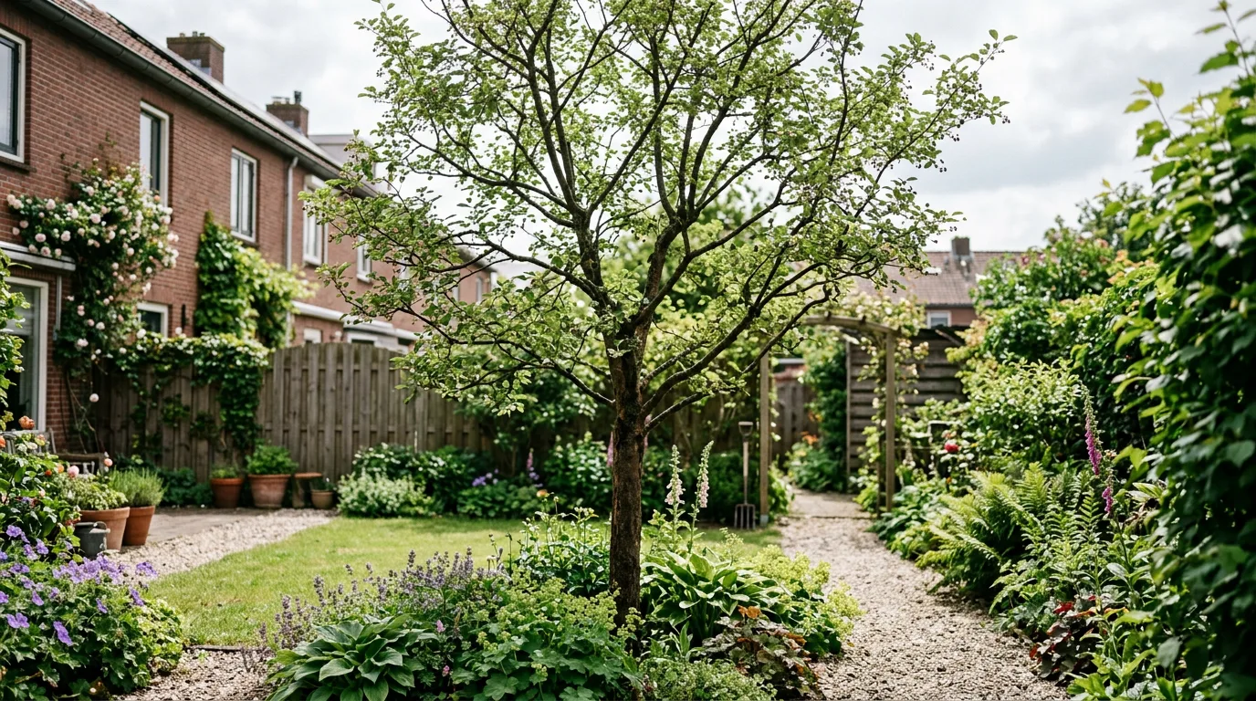 Volwassen krentenboompje met open kroonstructuur in kleine Nederlandse stadstuin, omgeven door vaste planten en gazon