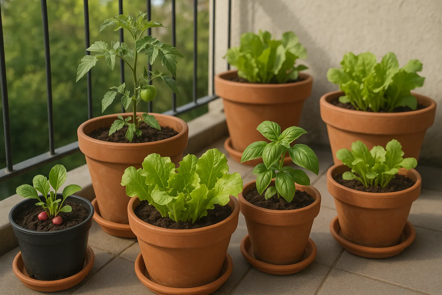 Klein balkon met diverse terracotta en kunststof potten met jonge groenteplanten, sla, tomaten en basilicum in verschillende