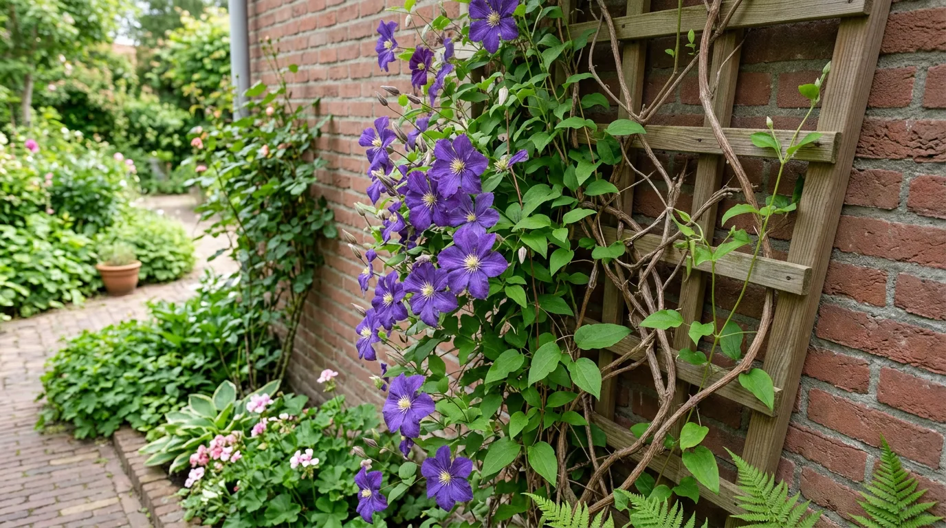 Clematis plant met paarse bloemen en groene ranken tegen een houten pergola in een Nederlandse tuin