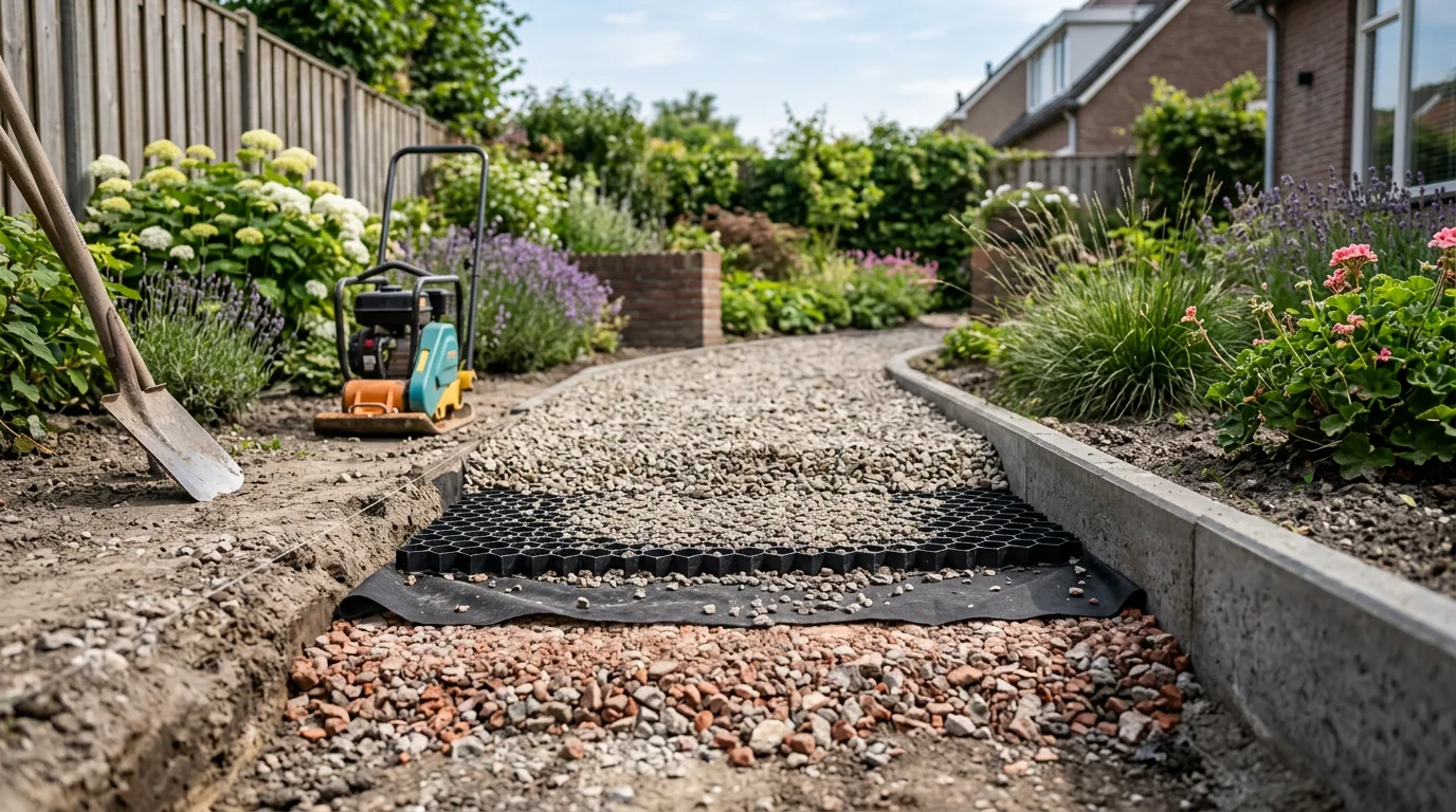 Grindpad in aanbouw met zichtbare lagen: gebroken puin, anti-worteldoek, kunststof grindmat en afgewerkt grind met betonnen