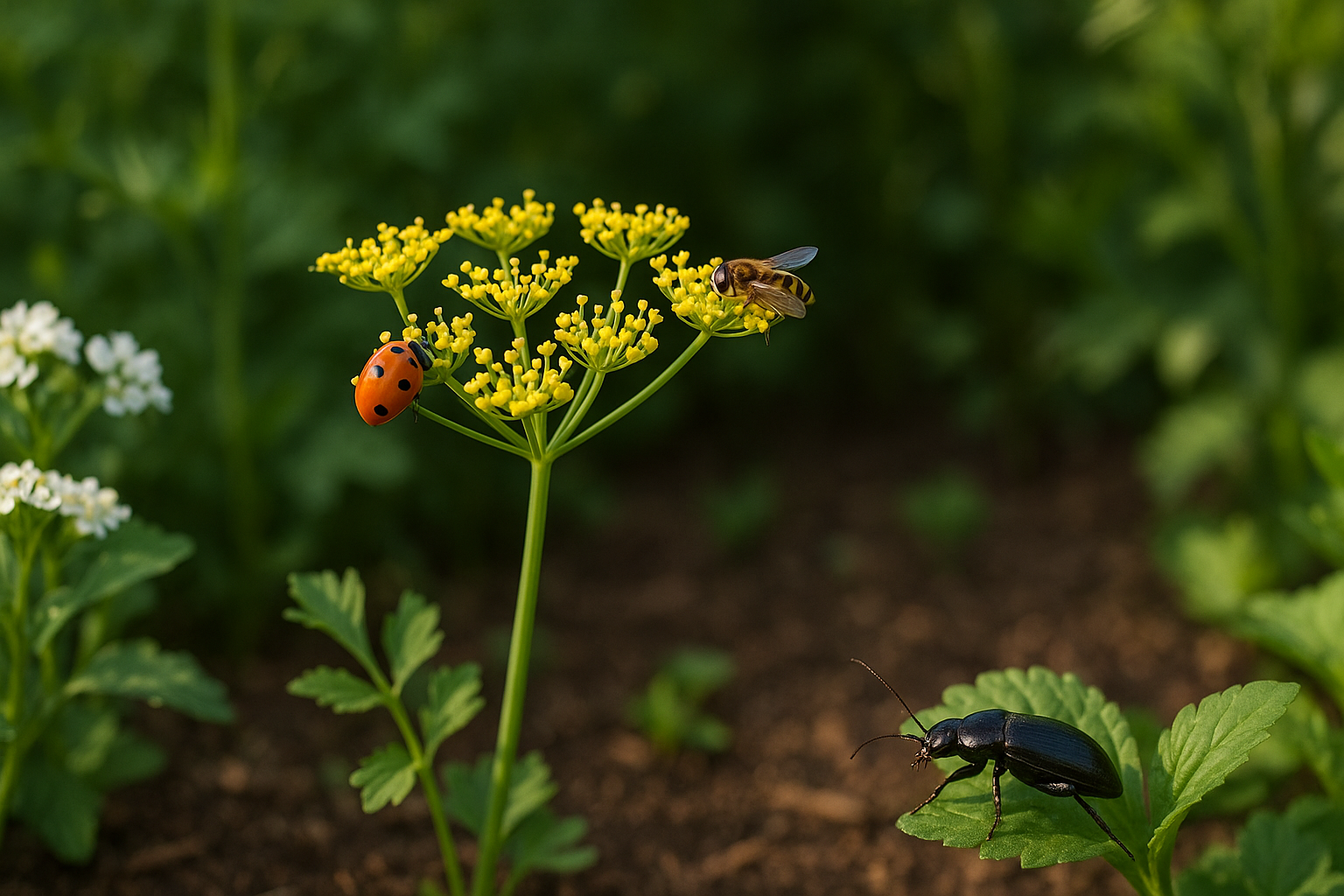 Lieveheersbeestje en zweefvlieg op gele schermbloemige plant in zomerse tuinborder met groen blad en bodemlaag